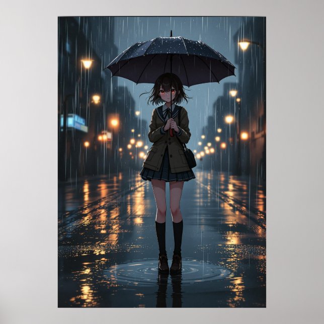 Poster Rainy Night Anime Girl com guarda-chuva (Frente)
