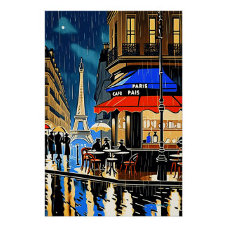 Pôster Rainy Night em Paris: Vintage Cafe Poster