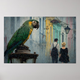 Poster Rainy Romance with Parrot – Parrot on Lamp in Rain