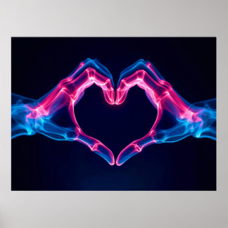 Poster Raio X das mãos em forma de coração - Rosa Néon e 