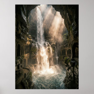 Poster Raios de Luz Solar na Cachoeira da Caverna Oculta