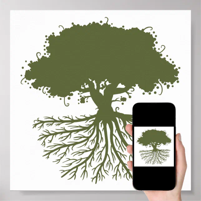 O desenho de uma árvore com uma cara assustadora e uma grande árvore com  raízes.