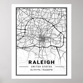 Poster Raleigh Carolina do Norte, EUA - Mapa da Cidade do