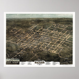 Poster Raleigh, mapa panorâmico do NC - 1872