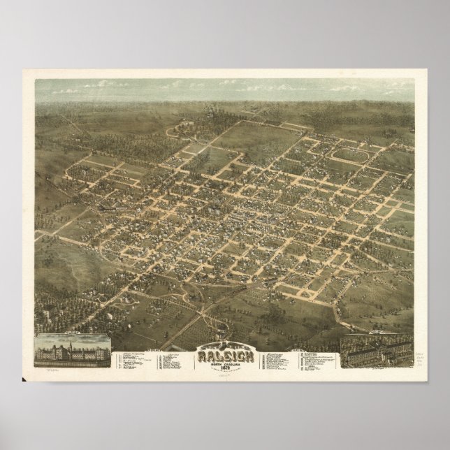 Poster Raleigh N. Carolina 1872 Mapa Panorâmico Antiquado (Frente)