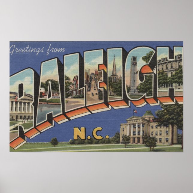 Poster Raleigh, North Carolina - Large Letter Scenes (Frente)