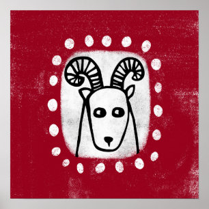Poster Ram Ovino Engraçado Na Arte De Parede Vermelha Pos