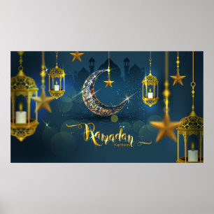 Poster Ramadã Azul e Dourada Lua Fanoos