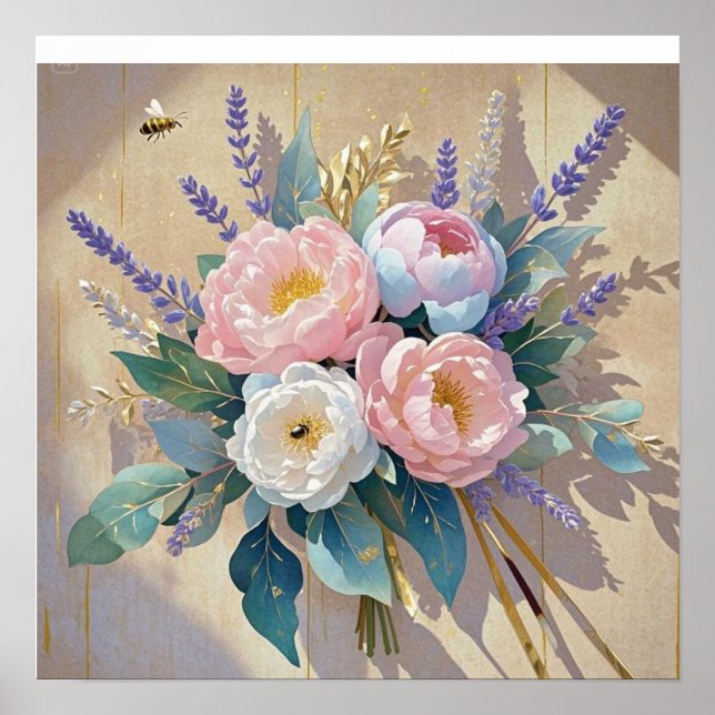 Poster Ramalhete floral peônias lavanda (Frente)