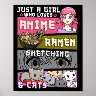 Poster Ramen Cat Anime Desenhando Apenas Uma Menina Que A