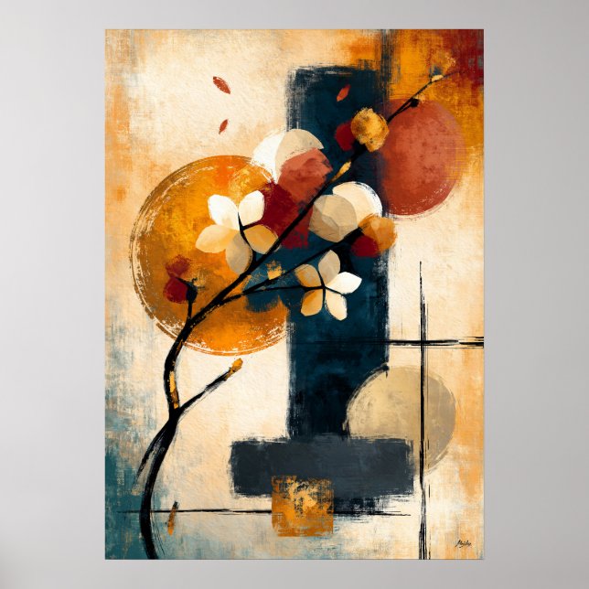 Poster Ramo de Flor de Ume Abstrata Arte de Parede em Jap (Frente)