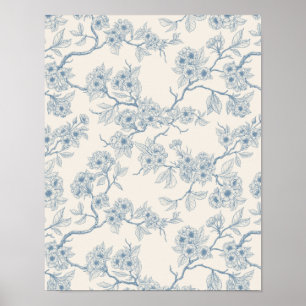 Poster Ramos de flor de cerejeira em azul e branco esmaec