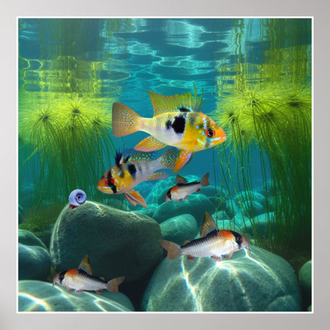 Poster Rams Azuis Alemães Cichlids Corydoras Aquarium Fis (Frente)