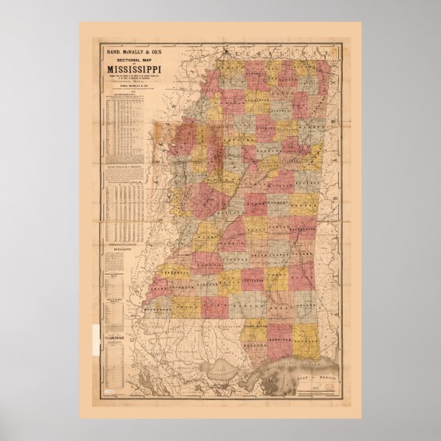 Poster Rand, mapa seccional McNally do Mississippi (1892) (Frente)