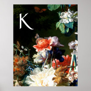 Poster RANEMONES, FLORES, MARIPOSA PRETO FLORAL Monograma