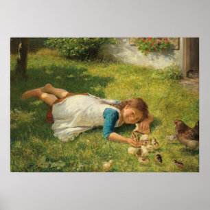 Poster Rapariga Brincando com Pintinhos (Galinha e Galinh