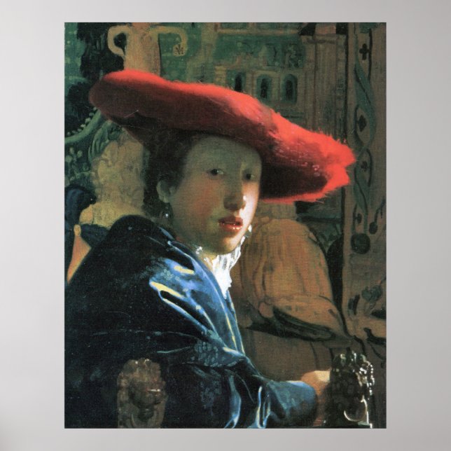 Pôster Rapariga com chapéu vermelho de Johannes Vermeer (Frente)