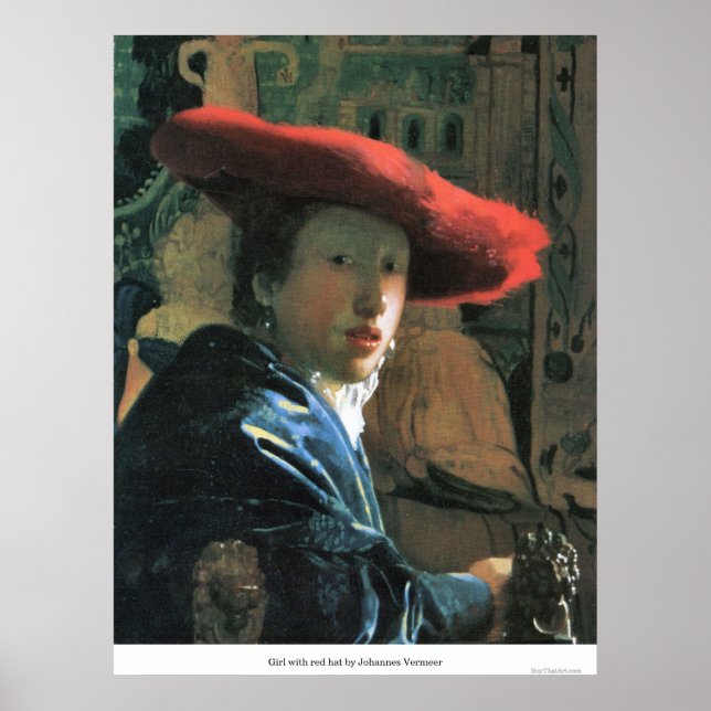 Pôster Rapariga com chapéu vermelho de Johannes Vermeer (Frente)