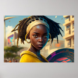 Poster Rapariga com frisbee em uma cidade do futuro