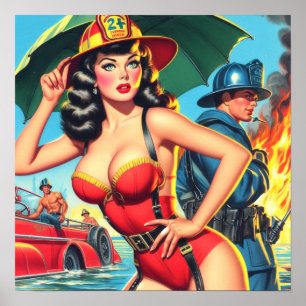 Poster Rapariga de Bombeiros Retro