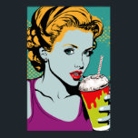 Poster Rapariga de Milkshake de Pop<br><div class="desc">Este apresenta um design lúdico e inspirado na prática, que combina elementos da arte do pop e da cultura de diners antigos. A imagem central é de uma garota sorridente segurando um milkshake alto e cremoso, cercada por gráficos ousados e coloridos. O efeito geral é divertido e certamente adiciona um...</div>
