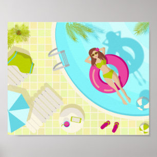 Poster Rapariga de natação na praia de verão de biquíni