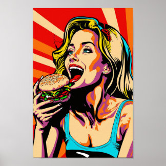 Poster Rapariga de Pop de Arte que Come Burger