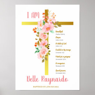 Poster Rapariga do Batismo Rosa e Flores Vermelhas em Cru