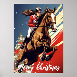 Poster Rapariga e Cavalo Saltando Feliz Feriado de Natal