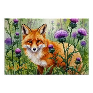 Pôster Rapariga entre Flores de Cardo Roxo Aquarela