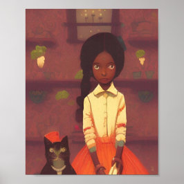 Poster Rapariga marrom e robôs de gato saia laranja