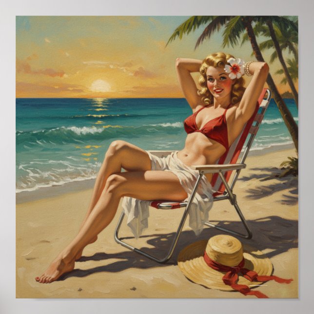 Poster Rapariga na praia Retro '50 Pin-up art (Frente)