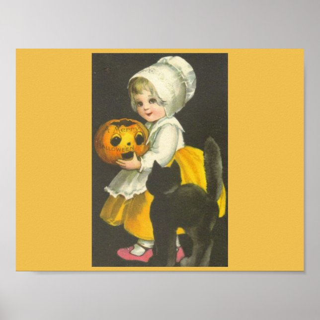 Pôster Rapariga Pumpkin Black Cat Vintage Halloween Poste (Frente)