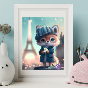 Poster Rapariga Raposa Fofo em Azul, Torre Eiffel de Pari