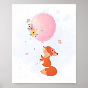 Poster Rapariga raposa voando com balão rosa