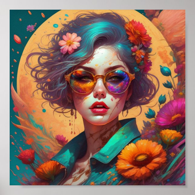 Poster Rapariga retrô com ógrados de sol (Frente)