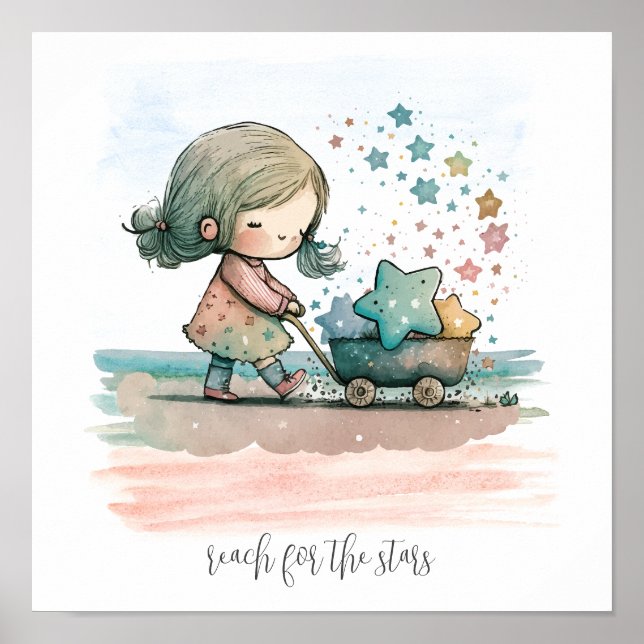 Poster Rapariga Stars Watercolor Nursery Wall Art (Frente)