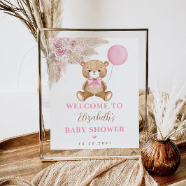 Poster Rapariga Urso Cinzento Boho Floral Rosa Pampas Bem