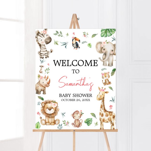 Poster Rapariga Wild One Safari Chá de fraldas Bem-Vindo (Floral Wild One Safari Animals Baby Shower Welcome Sign)