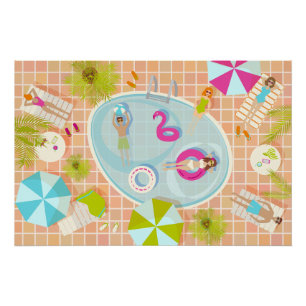 Pôster Raparigas Bikini e caras jogando piscina de nataçã