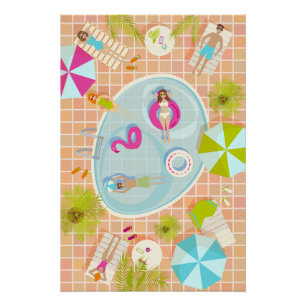 Pôster Raparigas Bikini e caras jogando piscina de nataçã