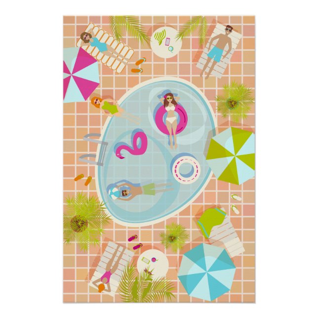 Pôster Raparigas Bikini e caras jogando piscina de nataçã (Frente)