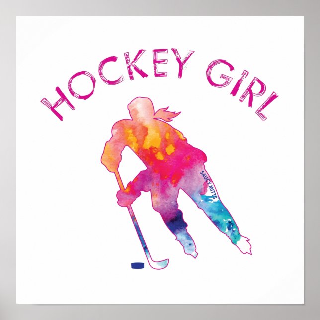 Poster Raparigas de Hockey Jogadoras de Watercolor Rosa (Frente)