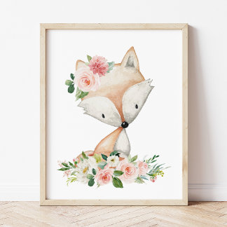 Poster Raposa, Animais Da Floresta, Boho, Flores Rosa
