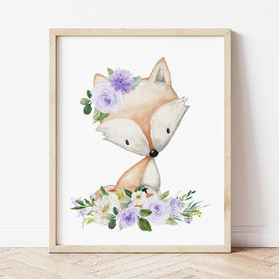Poster Raposa, Animais Da Floresta, Boho, Flores Roxas