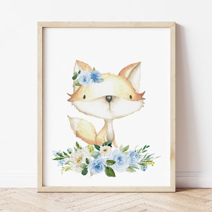 Poster Raposa-Bebê, Animais Da Floresta, Boho, Flores Azu