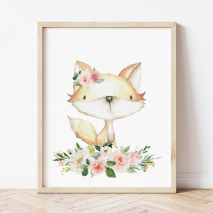 Poster Raposa-Bebê, Animais Da Floresta, Boho, Flores Ros