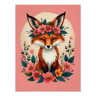 Pôster Raposa Boho Caprichosa com Coroa Floral da Florest