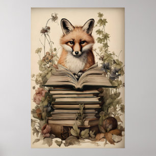 Poster Raposa Boho Leitura Impressão, Floral Vintage Cott