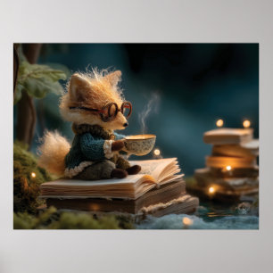 Poster Raposa Caprichosa Lendo Livro e Bebendo Chá